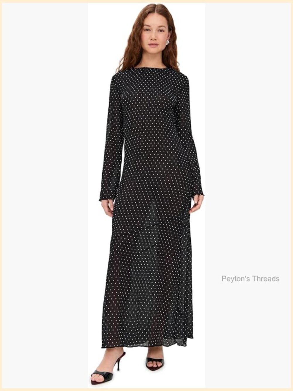 Women's Maxi Dress - Polka Dot, Crew Neck, Long Sleeve